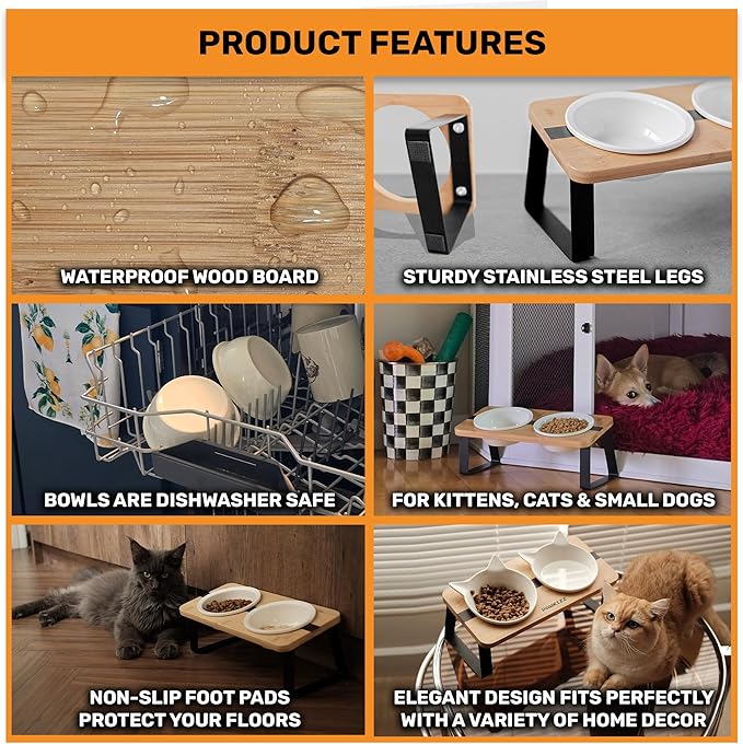 Elevated Cat Bowl Stand for Food and Water – Anti-Vomit Raised Feeding Station with Tilted Stand – Cat Ear Design, Removable Ceramic Bowls, Anti Slip Bamboo Base, Dishes for Indoor Cats & Kittens