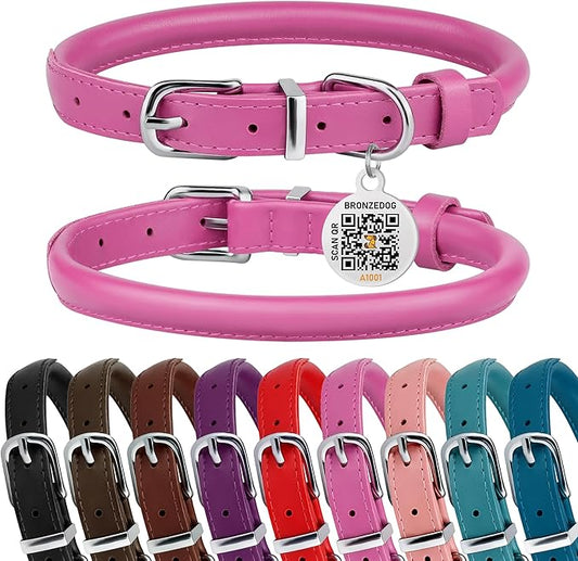 BRONZEDOG Rolled Leather Dog Collar for Small Medium Large Dogs with QR ID Tag (XS: 9-11 Inch, Hot Pink)