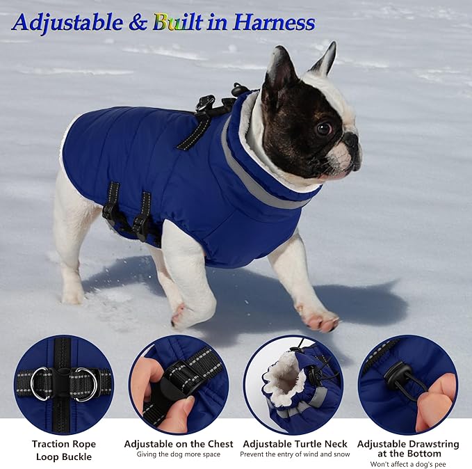 Dogcheer Dog Coat, Waterproof Dog Jacket with Harness, Reflective Adjustable Puppy Winter Coat with Zipper, Christmas Snow Jacket Clothes for Small Medium Large Dogs - Blue 2XL