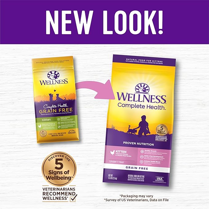 Wellness Complete Health Kitten Dry Cat Food for Indoor and Outdoor Cats, Grain Free, Natural, Chicken & Chicken Meal (5.5 Pound Bag)