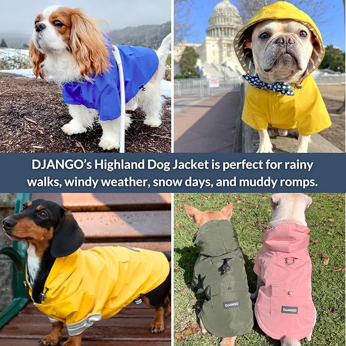 DJANGO Highland Dog Jacket & Raincoat – Water-Repellent, Lined Dog Coat with Hood, Adjustable Fit & Harness Hole – Lightweight Rain & Wind Jacket for Small & Medium Dogs up to 30 lbs (Pink, Small)