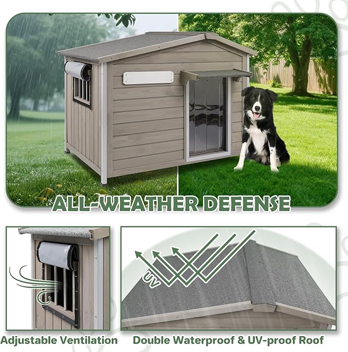 40'' L Large Dog House Outdoor Indoor, Wooden Dog Houses with Waterproof Roof, Door Curtain, Anti-Chewing Frame, Elevated Doghouse Shelter Bed Kennel with Window, Openable Roof