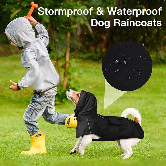 Dog Raincoat, Waterproof Dog Rain Jacket with Convertible Hood/Collar, Adjustable Belly-Protect Rain Coat for Meidum Dogs Poncho Reflective (Black, M)