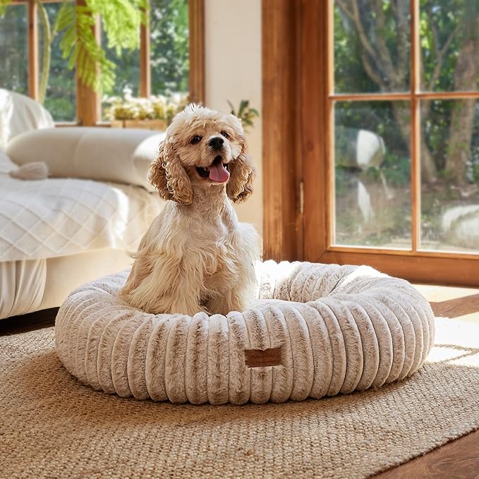 FUKUMARU Dog Bed, Calming Donut Dog Beds for Anxious Dogs, Modern Aesthetic Cat Bed with Gradient Print, Cute Round Pet Beds with Washable Cover, Orthopedic Puppy Bed, Camel, Medium, 30 inches
