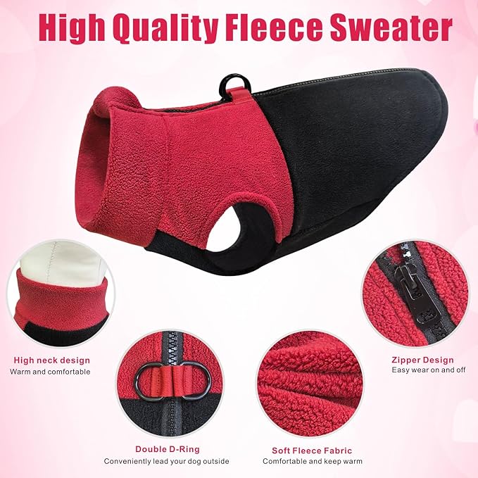 Idepet Dog Fleece Vest Sweater Zip Up Warm Pullover Dogs Jacket with D-Ring Leash Winter Cold Weater Coat Pet Sweatershirt Clothes Hoodie for Small Medium Dogs Boy Girl (Red/Black, XXL)