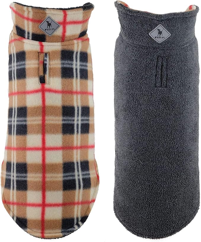 The Worthy Dog Fargo Fleece Check Dog Jacket, Adjustable Reversible with Harness Hole, Wind-Resistant, Winter Outdoor Clothes for Pets, Tan - 20''