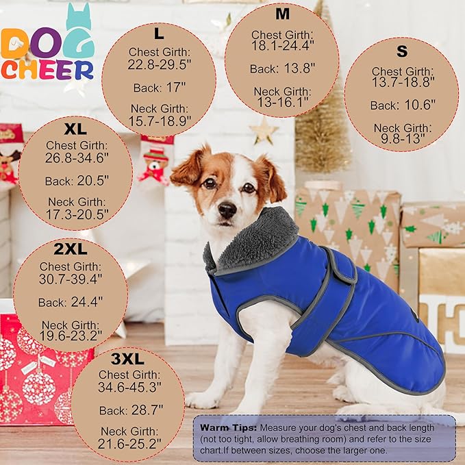 Dogcheer Dog Coat, Waterproof Dog Jacket Reflective Pet Winter Coat with Adjustable Hook & Loop, Christmas Puppy Fleece Jacket Warm Turtleneck Snowsuit for Small Medium Large Dogs - Blue, L