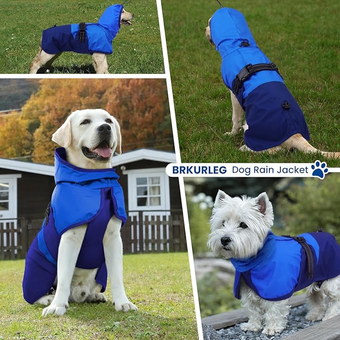 BRKURLEG Dog Raincoat Adjustable Dog Rain Jacket with Hood Dogs Waterproof Rainproof Jacket with Leash Hole Pet Poncho Rain Coat Poncho with Reflective Strip, Blue, XL