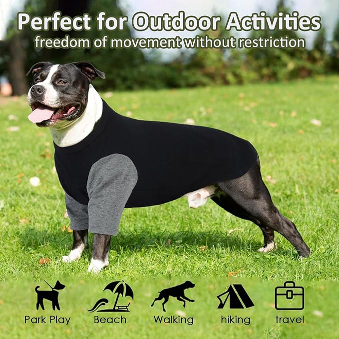 2 Pack Large Dog Shirts for Summer - Stretchy Breathable Cotton T-Shirt for Dogs, Protect Skin Easy On and Off Clothes for French Bulldog, Pug, Daily Wear, Park, Travel, Beach, GreyBlack