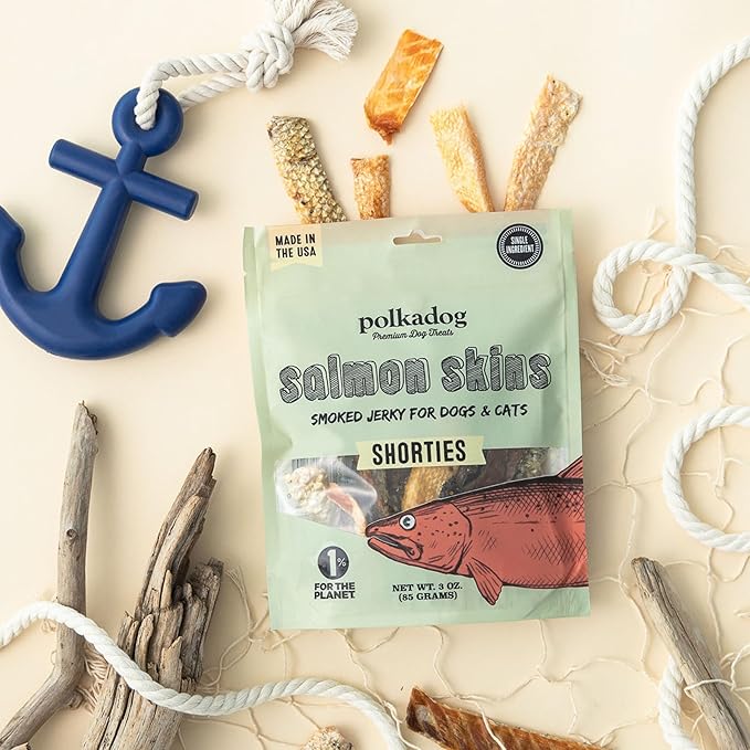Polkadog Salmon Skins for Dogs (3oz Shortie) – All-Natural Dog Treats – Made in USA, Single Ingredient, Omega-3 Rich, Grain-Free & Hypoallergenic Salmon Jerky for All Breeds