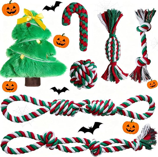 Aitmexcn Christmas Dog Rope Toys Set, 7 Pack Cotton Dog Toys for Large Dogs and Medium Small, Cute Interactive Squeaky Toy, Chewing Puppy Gaming Toy for Teeth Cleaning