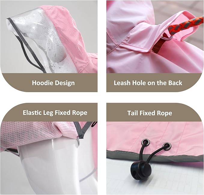 MAMORE Dog Raincoat Waterproof, Lightweight Adjustable Dog Rain Coat Hooded Poncho with Reflective Strip for Large Medium Small Dogs(Pink, Large)