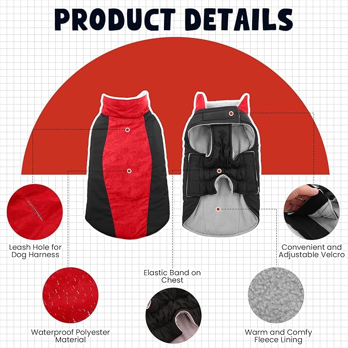 Warm Dog Coat,Waterproof Jacket in Winter Adjustable and Reversible Doggy Fleece Outfit,Thick Clothes with Foldable Collar for Puppy in Cold Days,L Red