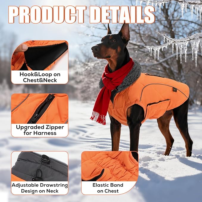 EMUST Winter Dog Coats, Fleece Dog Apparel for Cold Weather, British Style Windproof Warm, Orange, XS