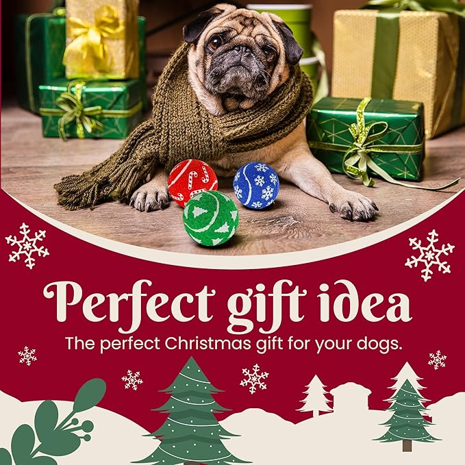 Christmas Dog Balls, 12 Pack 2.5'' Squeaky Tennis Balls for Dogs | Gift for Puppy Birthday & Christmas Decoration, Come with Mesh Bag, Small Medium Large Breeds