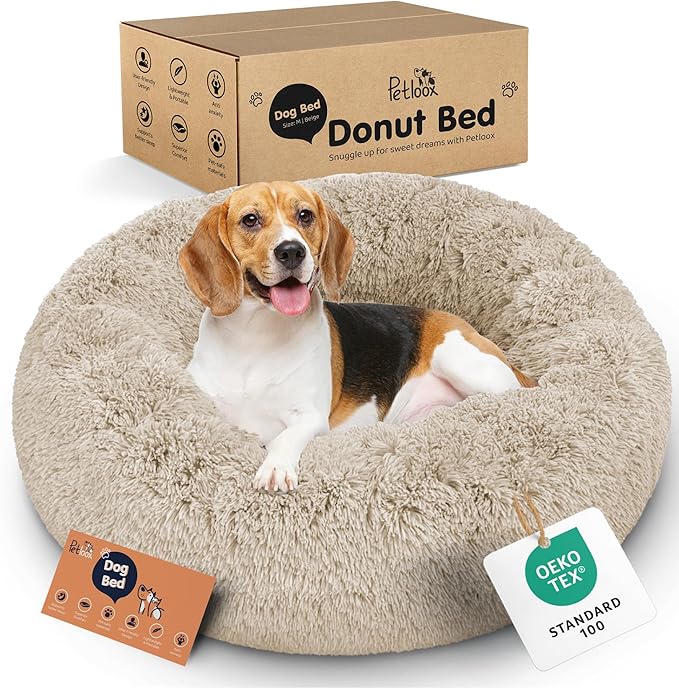 Donut Dog Bed - Premium Comfort for Anxiety Relief - Fluffy & Calming Design with Ultra-Plush Support | Cozy Round Dog Bed with Super Soft Circle Style (Size M Beige)