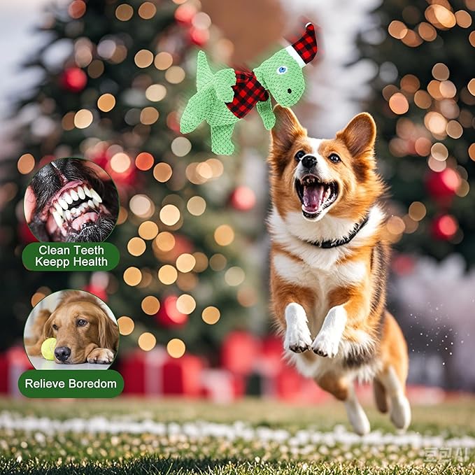 Christmas Dog Toys, Plush Stuffed Green Dinosaur Animals Toy, Squeaky Dog for Small Dogs, Interactive Dog Toys for Tug-of-War