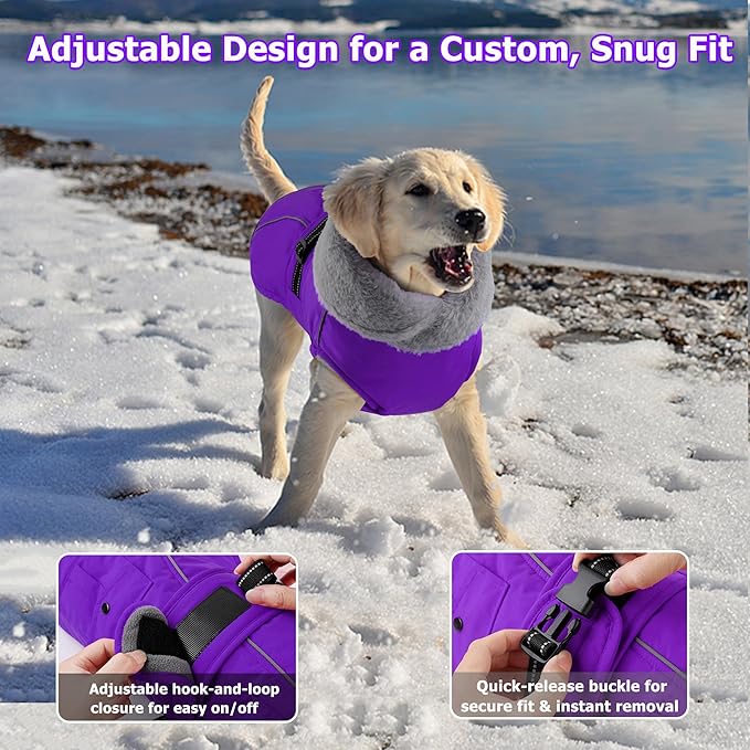 Dogcheer Dog Coat with Pocket, Waterproof Dog Jacket with Adjustable Buckle, Reflective Puppy Winter Coat Warm Turtleneck Fleece SnowJacket for Small Medium Large Dogs - Purple M