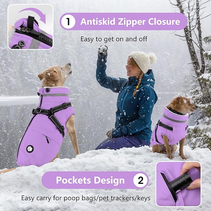 Dogcheer Dog Coat with Harness, Waterproof Dog Jacket, Reflective Puppy Winter Jacket with Pocket, Doggy Turtleneck Fleece Vest for Small Medium Large Dogs - Taro Purple, 3XL