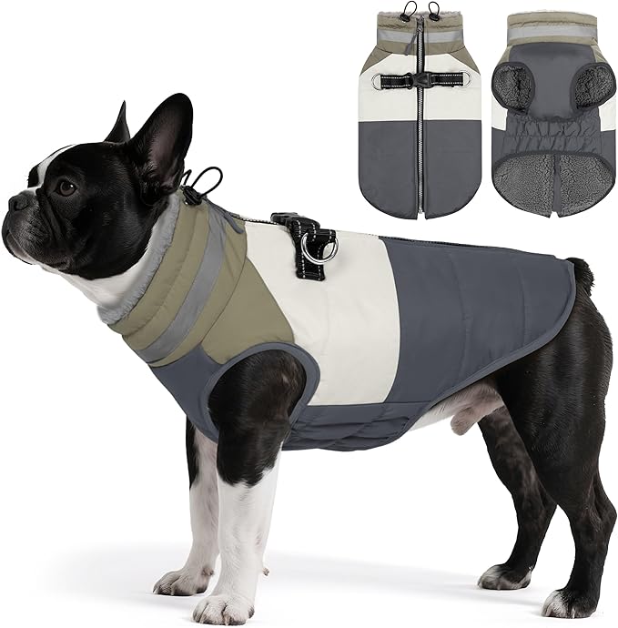 Dog Coat, Waterproof Dog Winter Coats for Small Dogs, Reflective Dogs Jacket with Harness Built in, Zip-up Cold Weather Coats Pet Vest Turtleneck Doggy Snowsuit, Grey Medium
