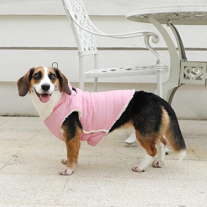Fleece Lining Dog Hoodie with Harness Built in,Extra Warm Medium Dog Jacket in Winter Doggie Coats with Drawstring Hooded,Light Pink L