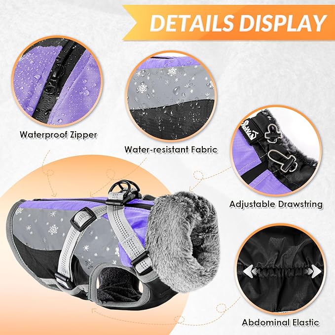 SlowTon Dog Jacket with Harness Built in - Waterproof Fleece Winter Warm Dog Coats for Small Medium Dogs, Reflective Adjustable Furry Puppy Vest Clothes for Outdoor Walking (PU, XS)