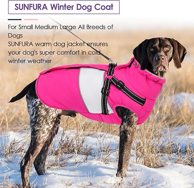 SUNFURA Dog Winter Coat, Waterproof Dog Coat Jacket with Harness for Medium Dogs Boys Girls, Reflective Fleece Lined Pet Snow Jacket Sweaters for Pug, Jack Russel, Boston Terrier, Hot Pink M