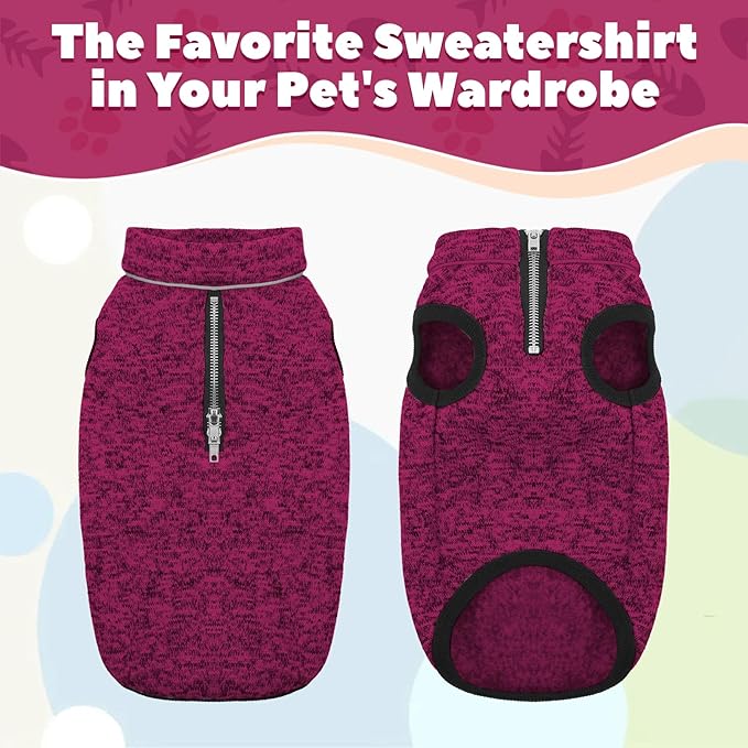ROZKITCH M Dog Sweater, Knit Jacket with Fleece Lining, Pet Coats for Small Dogs with Zipper Opening for Harness, Fleece Jumpsuit with Adjustable Neck Reflective Pet Jacket Rosered M