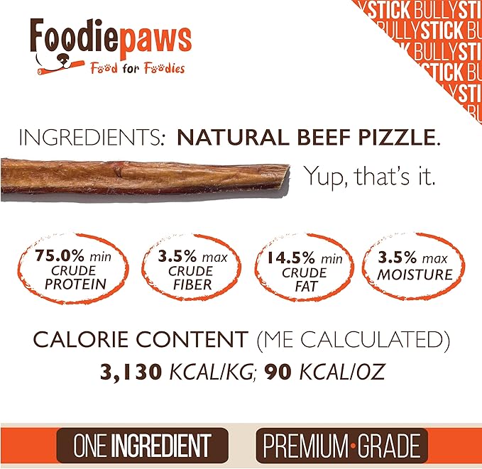 FOODIEPAWS All Natural 6 Inch Mega Bully Sticks, Odor Free | Grass-Fed Beef | Single Ingredient & Rawhide-Free | Long Lasting Dental Dog Chews | Packed in USA | for Medium & Large Dogs, 15 Pack