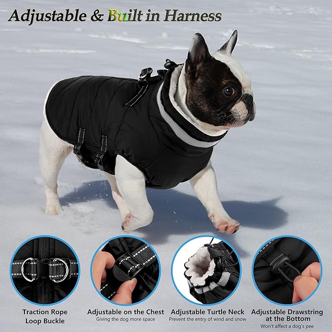 Dogcheer Dog Coat, Waterproof Dog Jacket with Harness, Reflective Adjustable Winter Coat with Zipper, Christmas Pet Snow Jacket Clothes for Small Medium Large Dogs - Black S