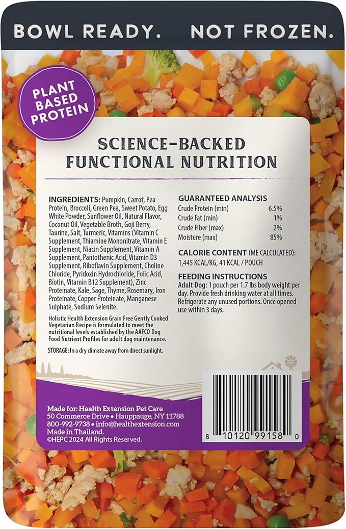 Health Extension Gently Cooked Grain-Free Vegetarian Formula Dog Food, Human-Grade & Shelf-Stable with Superfoods, Supports Digestion, Immunity, Skin & Coat, 3 oz Pouch (Pack of 20)