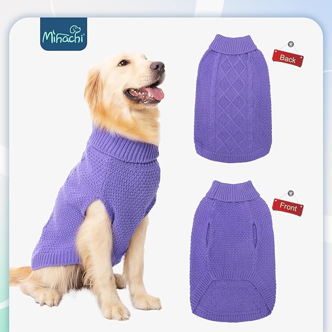 Mihachi Turtleneck Dog Sweater - Winter Coat Apparel Classic Cable Knit Clothes with Leash Hole for Cold Weather, Ideal Gift for Pet in New Year Light Purple XL