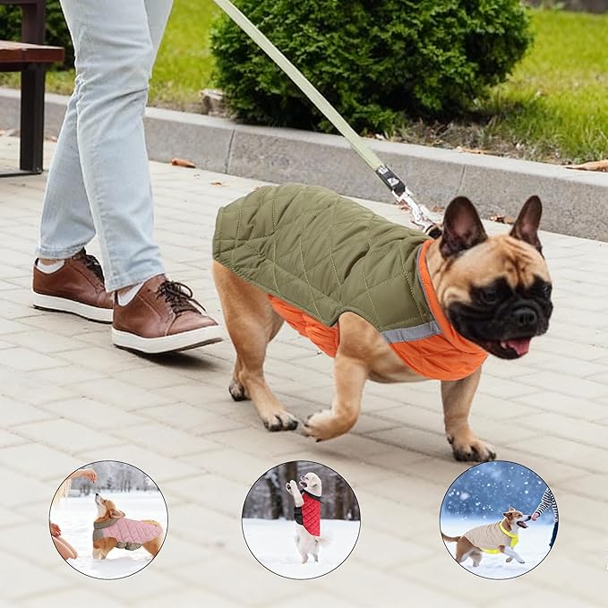 Quilted Dog Winter Coat, Plaid Lined Reversible Vest, Reflective Safety Strip, Cold Weather Pet Apparel Army Green S