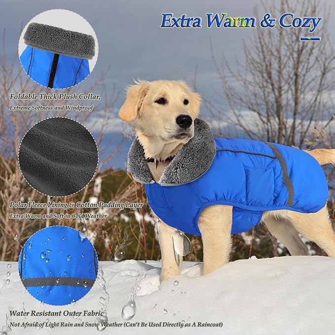 Dogcheer Warm Dog Coat, Waterproof Dog Jacket Christmas Puppy Winter Coat with Buckle, Reflective Adjustable Pet Snow Jacket Turtleneck Fleece Sweater for Small Medium Large Dogs - Blue, 2XL