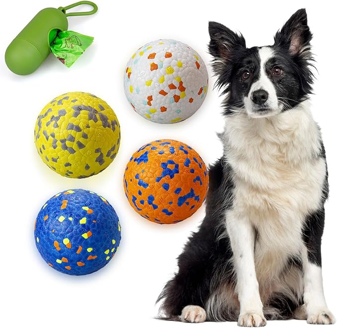 4Pcs Super Bouncy Dog Balls, Fun Indestructible Tennis Balls for Aggressive Chewers, Durable Floating Fetch Toys for Medium and Large Dogs with Lifetime Replacement