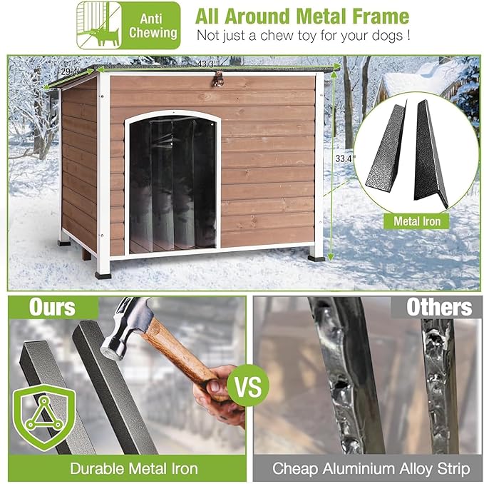 GUTINNEEN Heated Dog House Outdoor 43.3" Large Dog Kennel with Metal Frame Insulated Dog Crate Cage for Large Dogs Outside with Heater and Insulated Liner, Light Brown