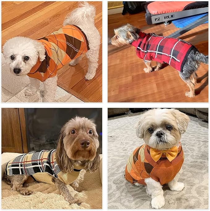 KOOLTAIL Fall Dog Sweater Pet Knitted Clothes - Thanksgiving Classic Plaid Pullover Turtleneck Dog Sweaters with Leash Hole, Thick Cold Weather Pet Outfits for Small Medium Large Dogs Cats Puppy, ML