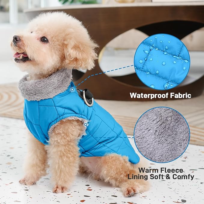 Warm Fleece Dog Coats with Durable Harness Buitl in D-Ring,Waterproof Doggie Jacket for Large Dogs,Dog Vest for Cold Winter,Light Blue XXL