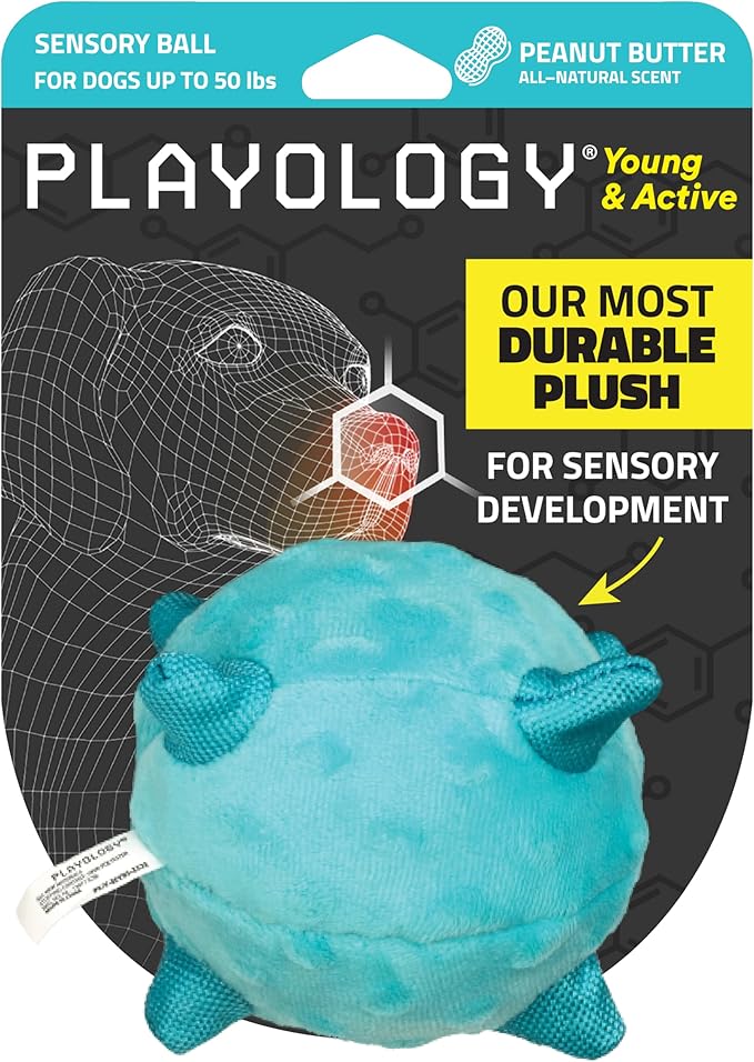 Playology Dog Toys | Puppy Toy Plush Sensory Ball for Dogs and Puppies for Dogs and Puppies | Medium Peanut Butter Scented Toy - Easy to Clean and Made from Non Toxic Materials