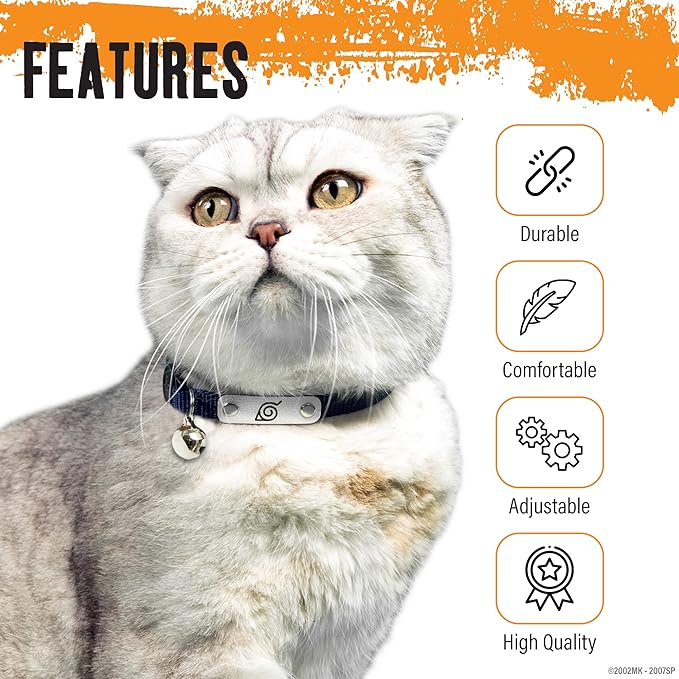 Naruto Breakaway Cat Collars for Girl & Boy Cats | Officially Licensed Naruto Shippuden Hidden Leaf Village Pet Accessories & Gifts, (8.5” to12”) Adjustable Cute Kitten Collar with Bell (Navy, Ninja)