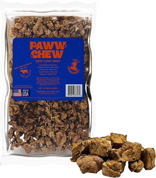 PAWW CHEW Beef Lung Dog Treats, 100% Natural, Single Ingredient, (1 Pound) Made in The USA, Dried & Dehydrated, High Protein, High Value Dog Training Treats, Grain Free, Low-Odor Free for All Breeds