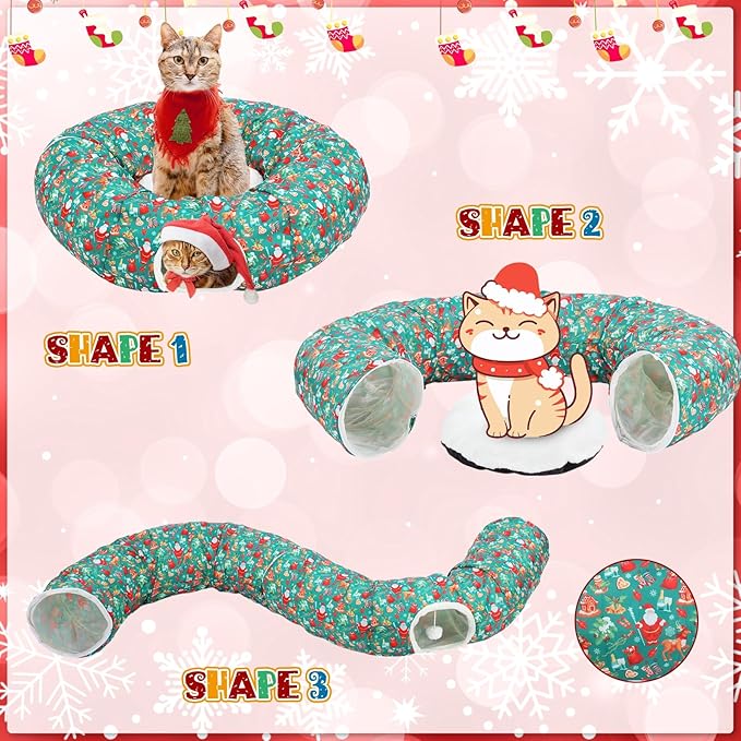 Christmas Cat Tunnel Bed for Indoor Cats Under Christmas Tree Skirt Tube with Hanging Ball Plush Cat Cave, Washable Holiday Pet Gift Toy & Gift for Kittens(Santa)