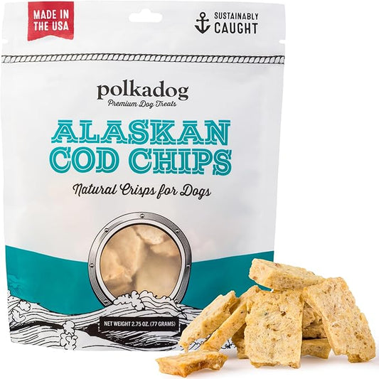 Polkadog Crunchy Alaskan Cod Chips – Single Ingredient Dog Treats, 100% Wild-Caught Cod from Alaska – High-Protein, Omega-3 Rich, Grain-Free, All Natural Snacks – Handcrafted in USA - 2.75 oz