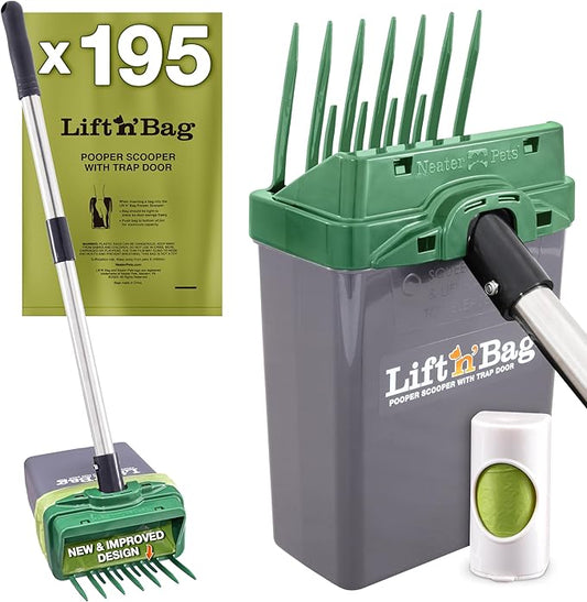 Neater Pet Brands Lift N’ Bag 2.0 Dog Pooper Scooper with Bag Attachment & 27" Pole for Small to Large Dogs, New & Improved Design, 195 Refill Bags, Heavy Duty Dog Poop Scooper for Yard, One-Hand Use