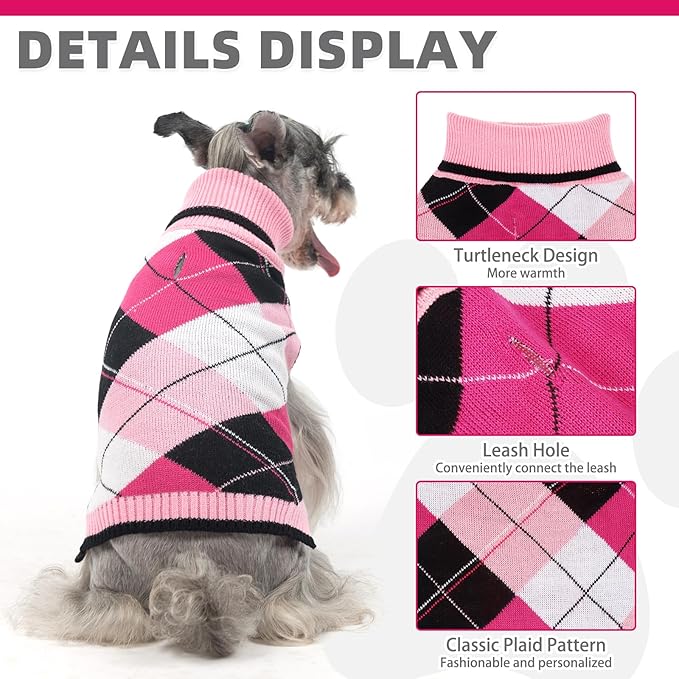 KOOLTAIL Dog Sweater Pet Knitted Clothes - Classic Plaid Pull Over Turtleneck Dog Sweaters with Leash Hole Warm Dogs Winter Clothing for Small Medium Dogs Cats Puppy SM