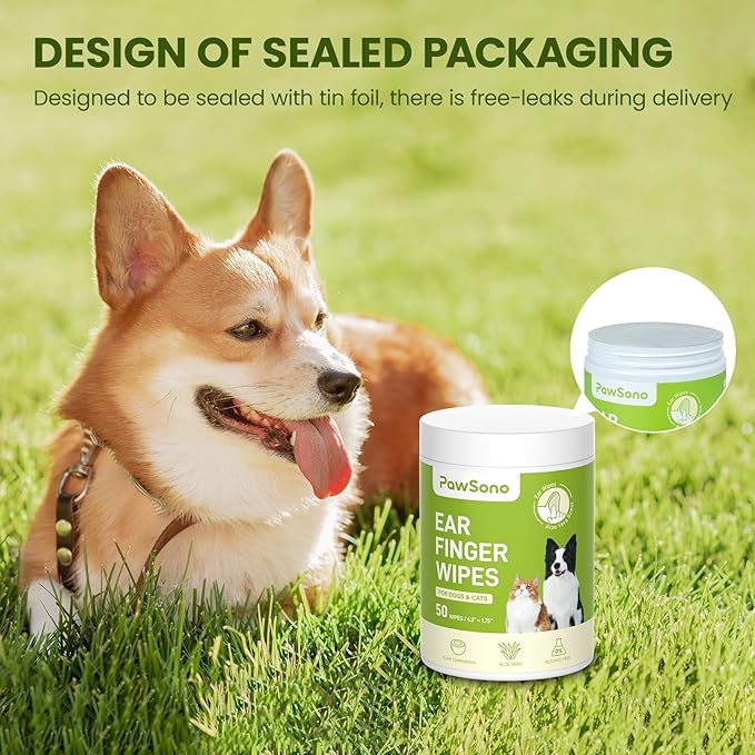 Ear Finger Wipes for Dogs & Cats, Thicker Dog Ear Cleaner Wipes, Natural Relief Cat Ear Cleaner Dog, Pet Health Supplies for Dog Small Animal Cat, Aloe Scent Deodorizing - 50 Count