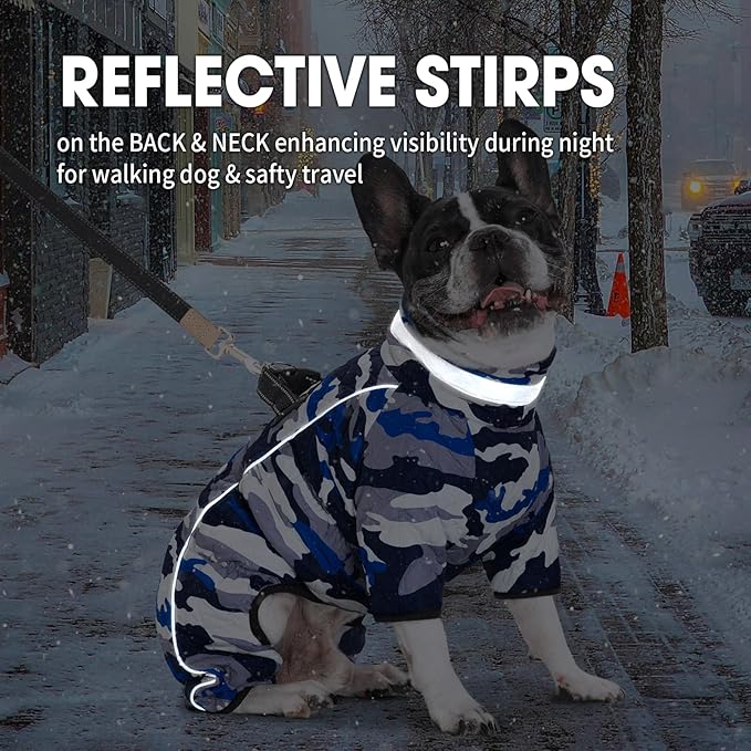 Four Legged Dog Winter Coat for Small Dogs, Warm Puppy Onesie Clothes Christmas, Reflective Turtleneck Dog Jacket with Buckles & D-Rings, Puffer Cold Weather Coat Zipper