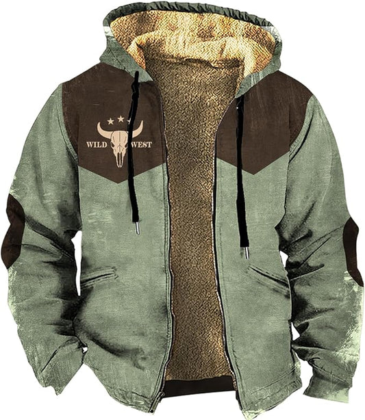 Men's Western Aztec Jackets Hooded Cowboy Hoodie Warm Full Zip Ethnic Vintage Long Sleeve Coat Fall Winter Tops
