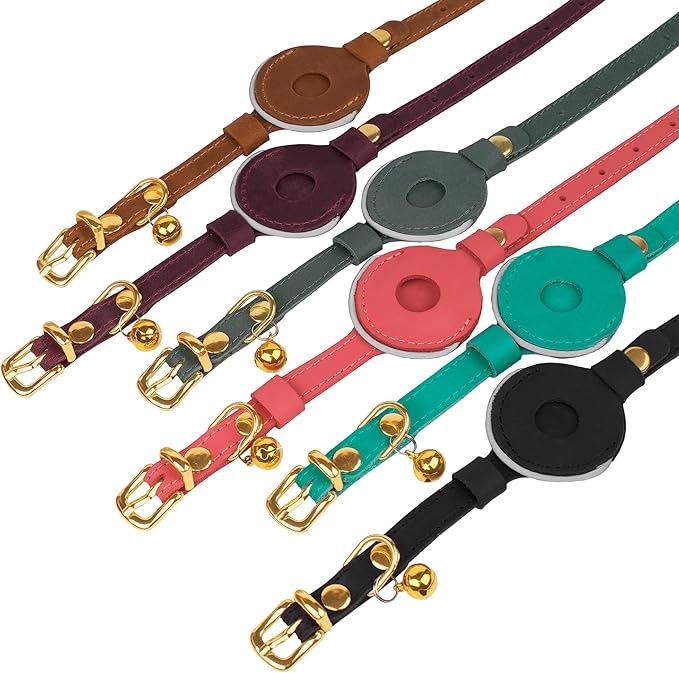 OOPSDOGGY Reflective Leather AirTag Cat Collar with Bell - Non Breakaway Adjustable Pet Collar with Apple Air Tag Holder - Lightweight GPS Kitten Collars for Small Dogs Puppy (Graphite)