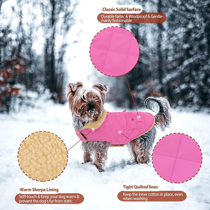 Winter Coat for Medium Dogs, Puppy Plaid Jacket, Cotton Coat for Cold Weather, Windproof Warm Dog Garments, Pet Thickened Outfits Indoor Outdoor, Pink M